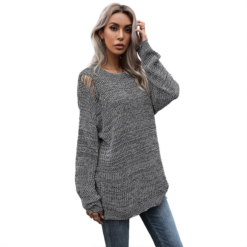 Women's oversized knit sweater with chunky textured knit, asymmetrical hem and used look Mune Fashion