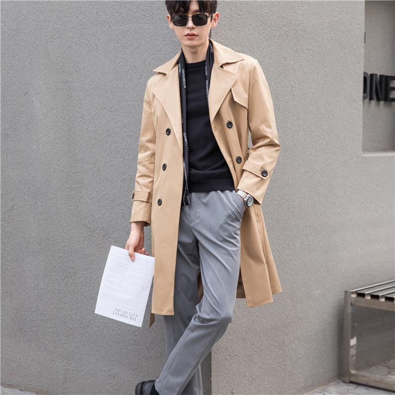 Men's elegant fitted trench coat with double button placket and tie belt Mune Fashion