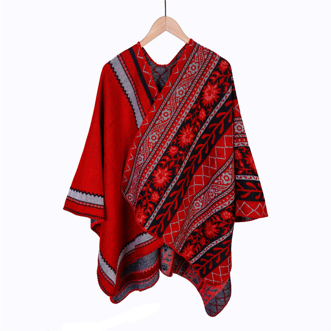 Women's Oversize Ruana Poncho with Ornament Jacquard and Crocheted Slip Stitch Mune Fashion