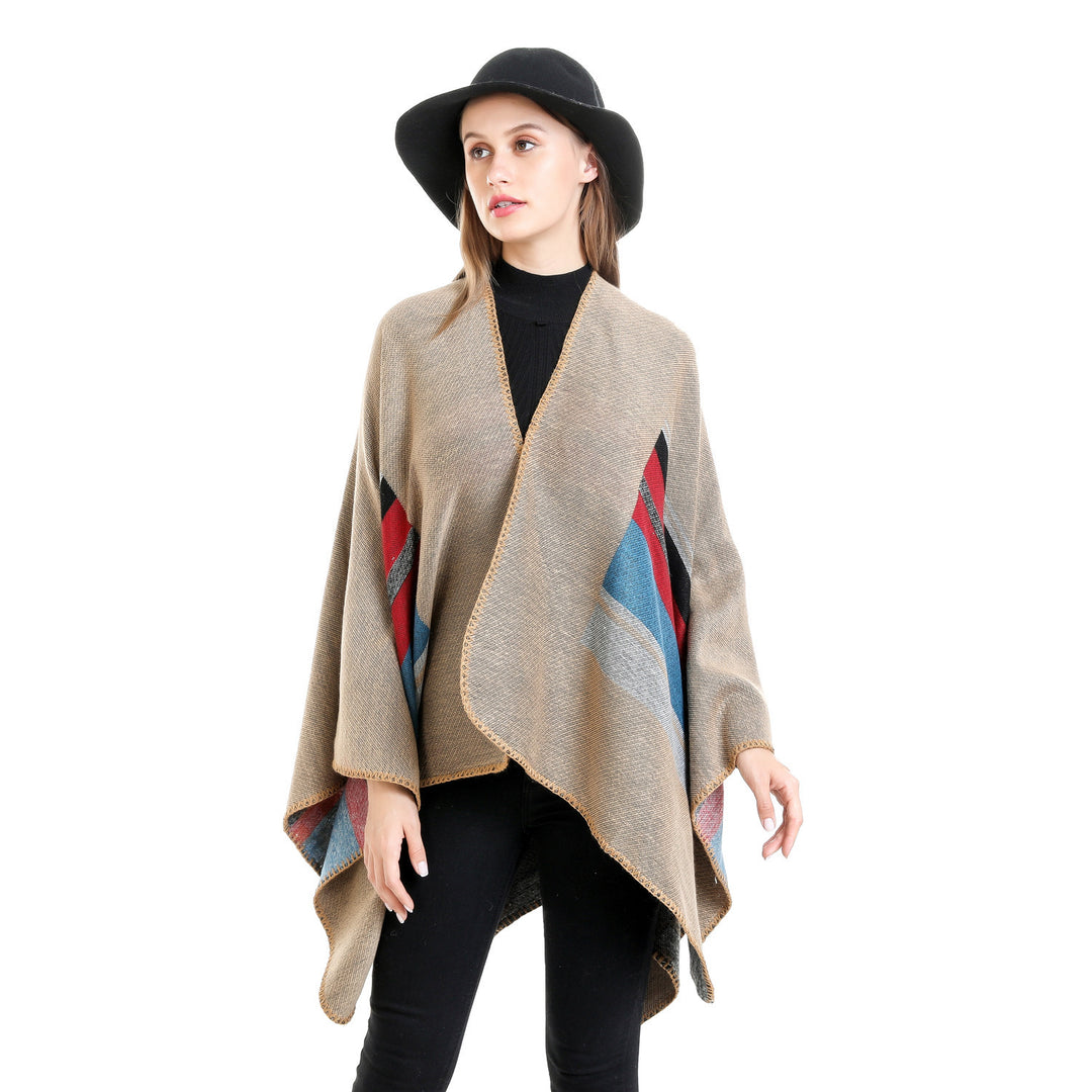 Women's Striped Wool Blend Ruana with Open Fall and Decorative Stitch Mune Fashion