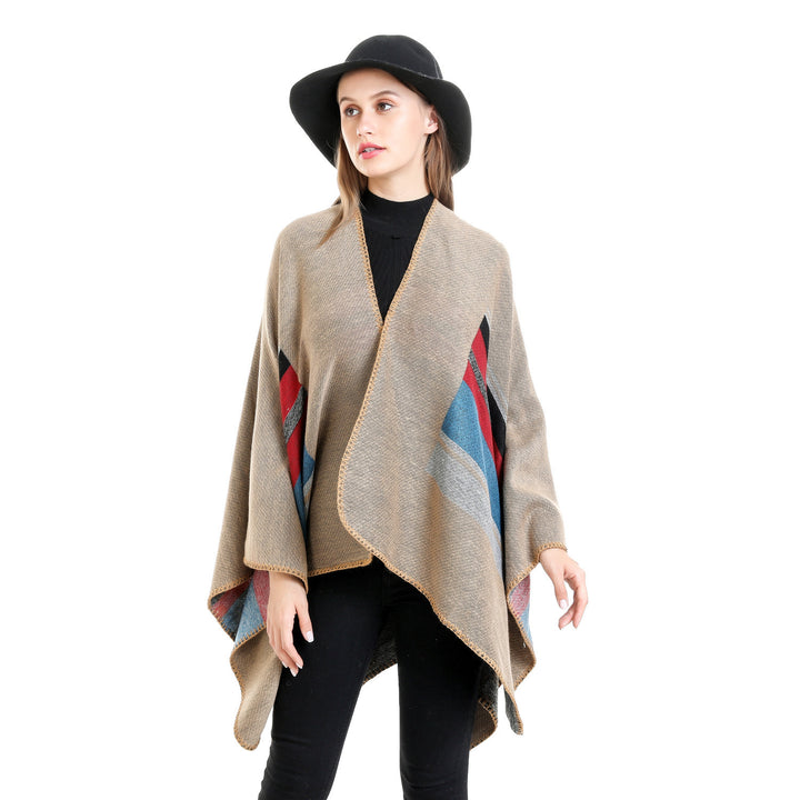 Women's Striped Wool Blend Ruana with Open Fall and Decorative Stitch Mune Fashion