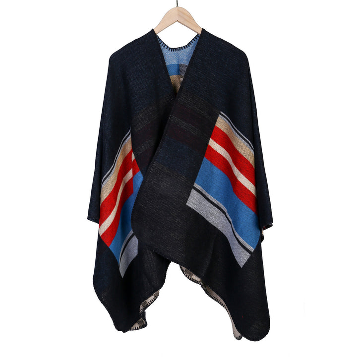 Women's Striped Wool Blend Ruana with Open Fall and Decorative Stitch Mune Fashion