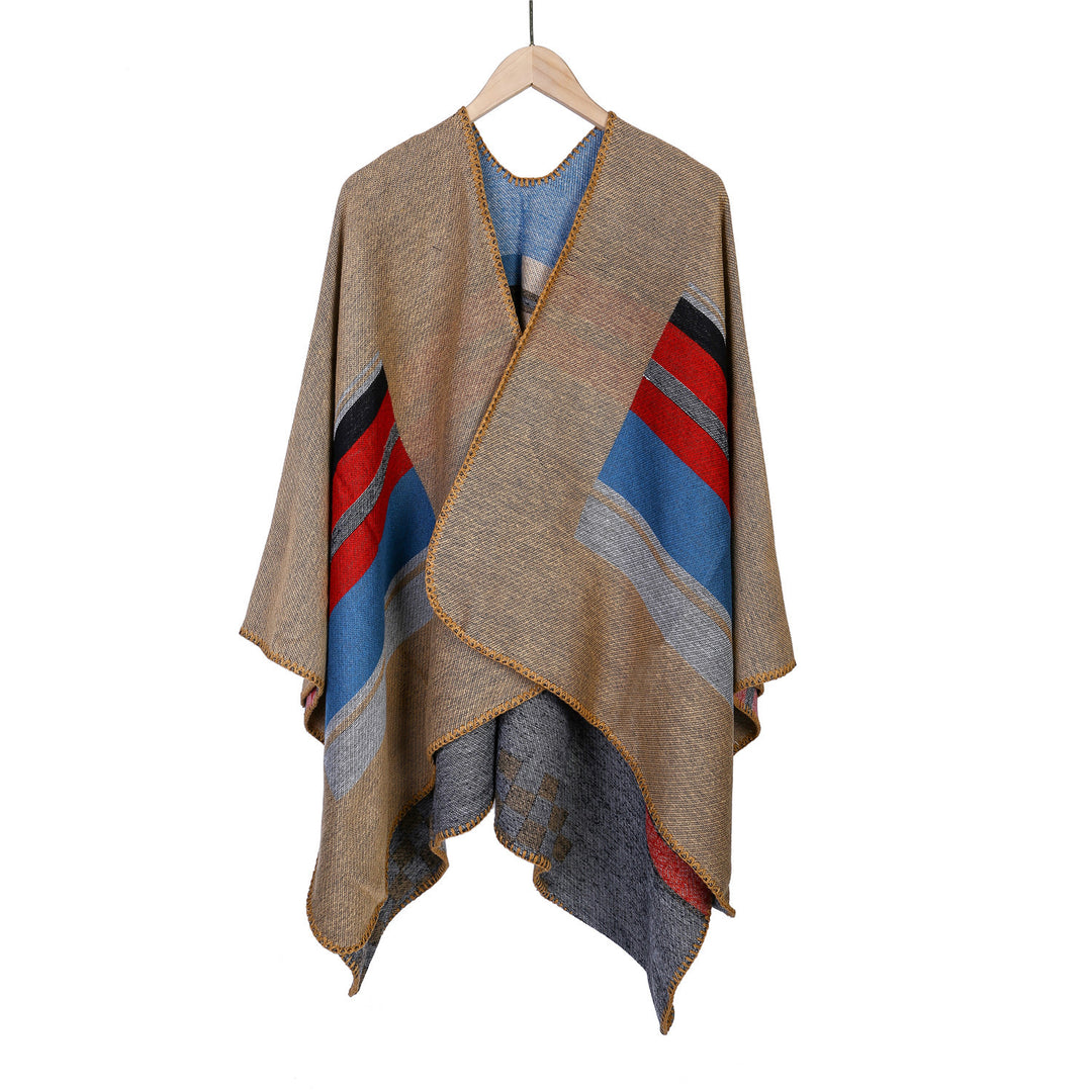 Women's Striped Wool Blend Ruana with Open Fall and Decorative Stitch Mune Fashion