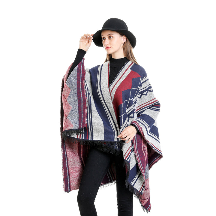 Ladies Jacquard Ruana in Oversized Kimono with Fringes and Geometric Pattern Mune Fashion