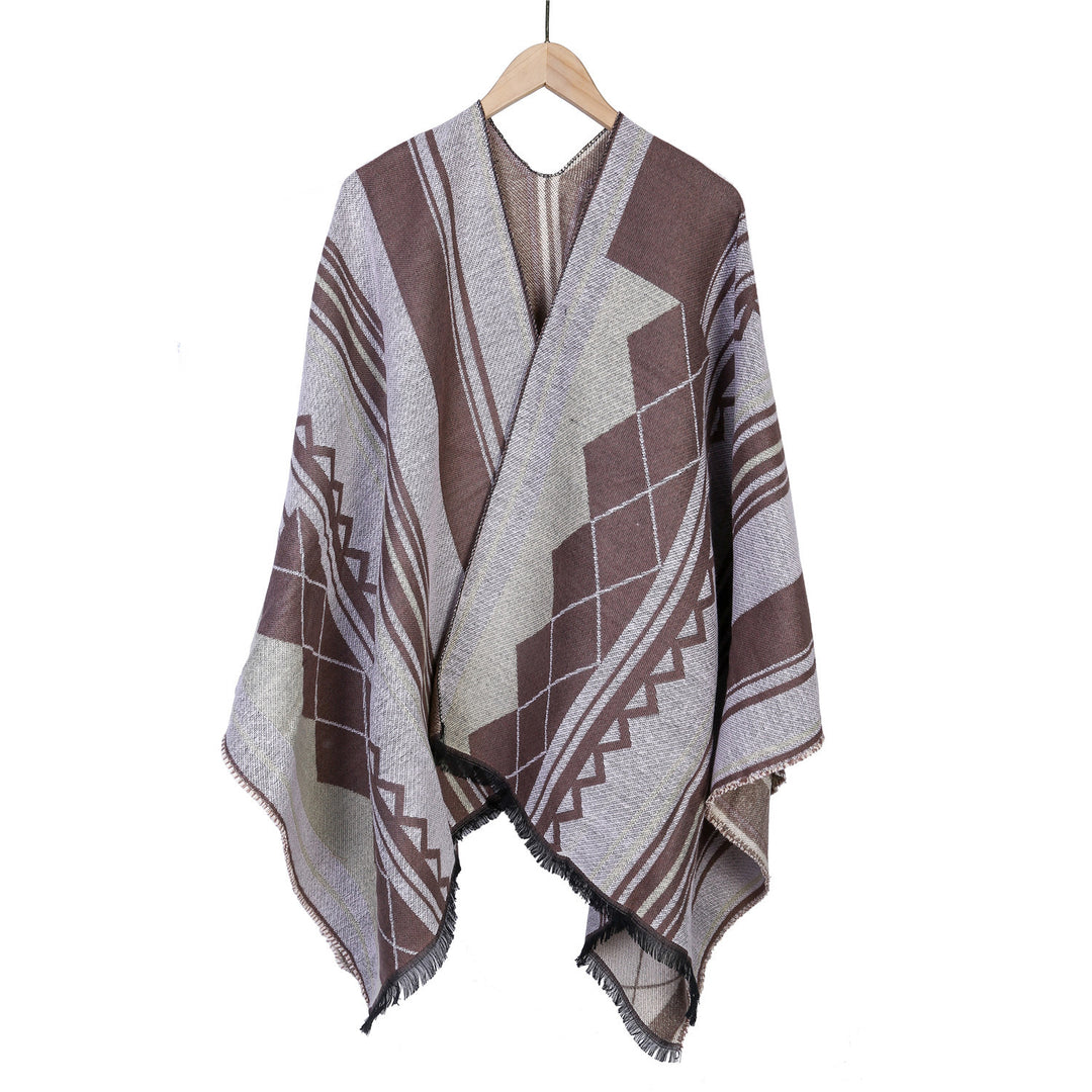 Ladies Jacquard Ruana in Oversized Kimono with Fringes and Geometric Pattern Mune Fashion
