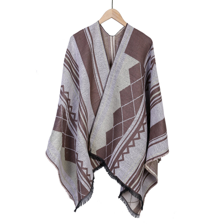 Ladies Jacquard Ruana in Oversized Kimono with Fringes and Geometric Pattern Mune Fashion