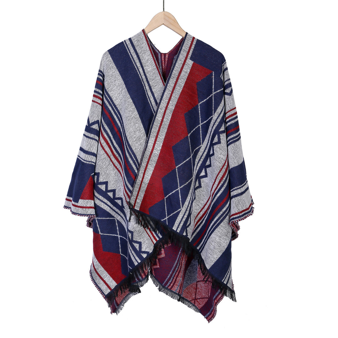 Ladies Jacquard Ruana in Oversized Kimono with Fringes and Geometric Pattern Mune Fashion