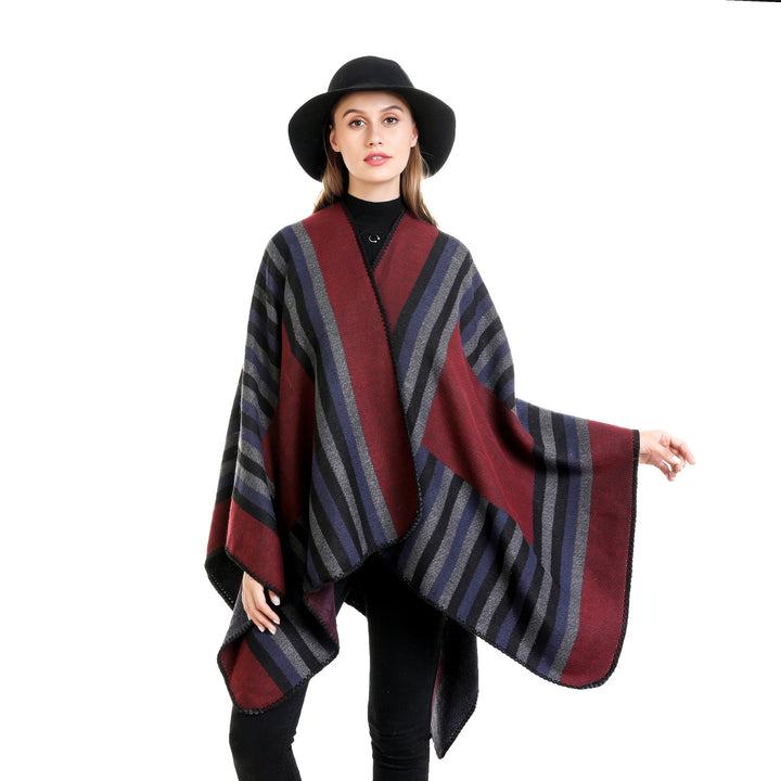 Ladies reversible friendly ruana in oversized with diagonal block stripes and decorative trim edge Mune Fashion