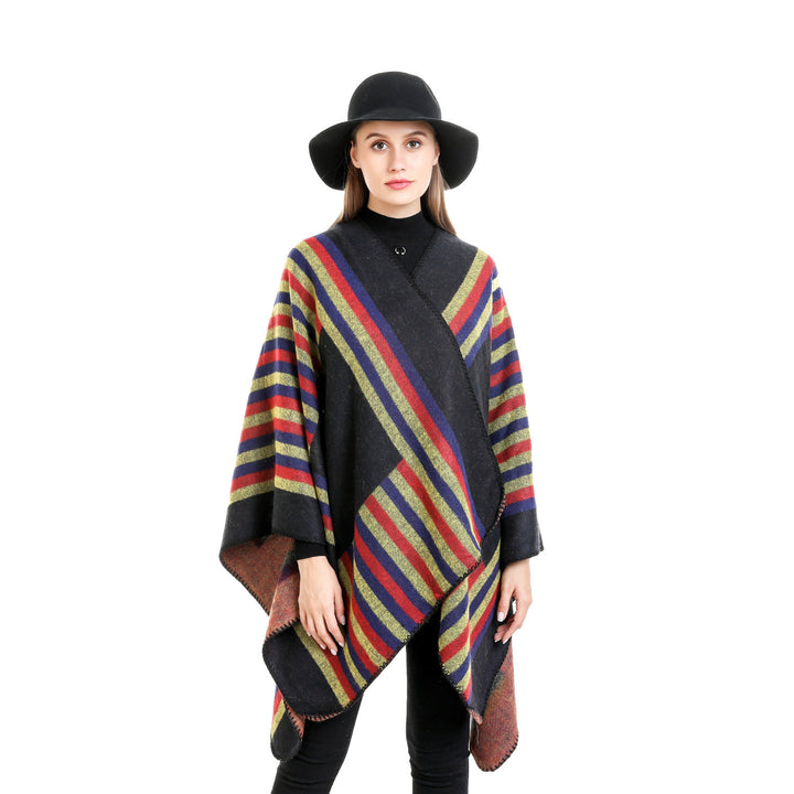 Ladies reversible friendly ruana in oversized with diagonal block stripes and decorative trim edge Mune Fashion