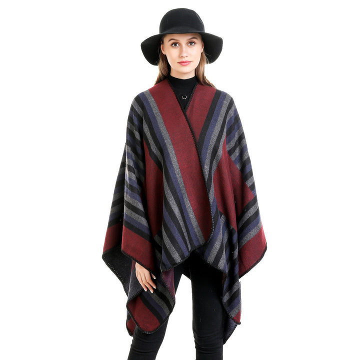 Ladies reversible friendly ruana in oversized with diagonal block stripes and decorative trim edge Mune Fashion