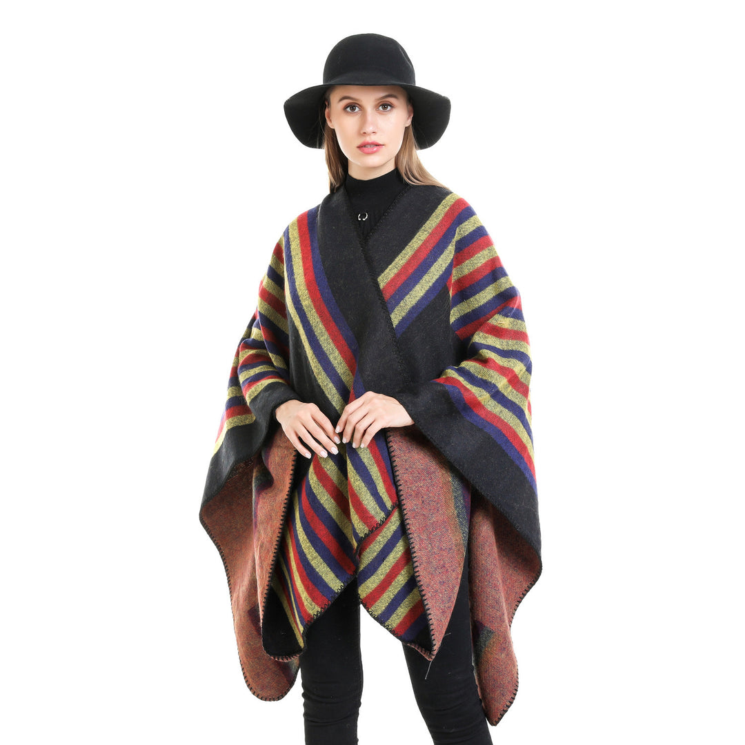 Ladies reversible friendly ruana in oversized with diagonal block stripes and decorative trim edge Mune Fashion