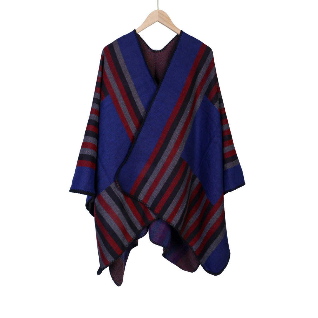 Ladies reversible friendly ruana in oversized with diagonal block stripes and decorative trim edge Mune Fashion