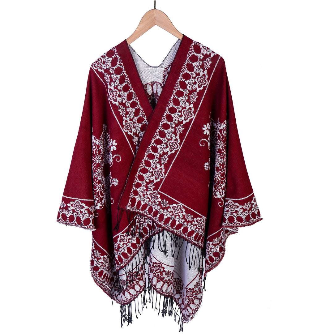 Women's Jacquard Poncho in Kimono Cut with Fringe Hem Mune Fashion