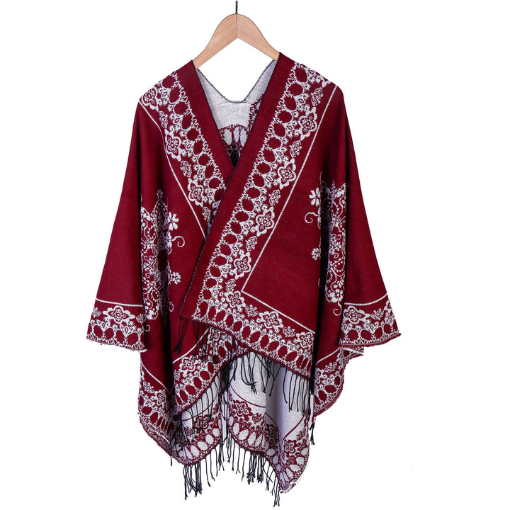 Women's Jacquard Poncho in Kimono Cut with Fringe Hem Mune Fashion