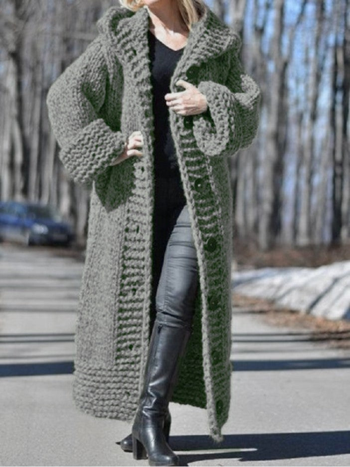 Women's Oversize Chunky Knit Maxi Coat with Hood and Button Placket Mune Fashion