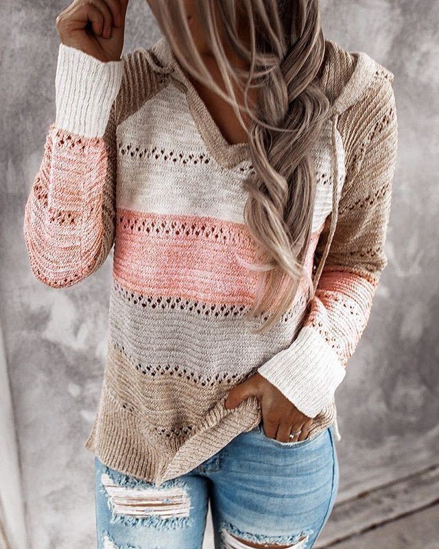 Women Loose Knit Hoodie with Eyelet Pattern and Kangaroo Pocket Mune Fashion