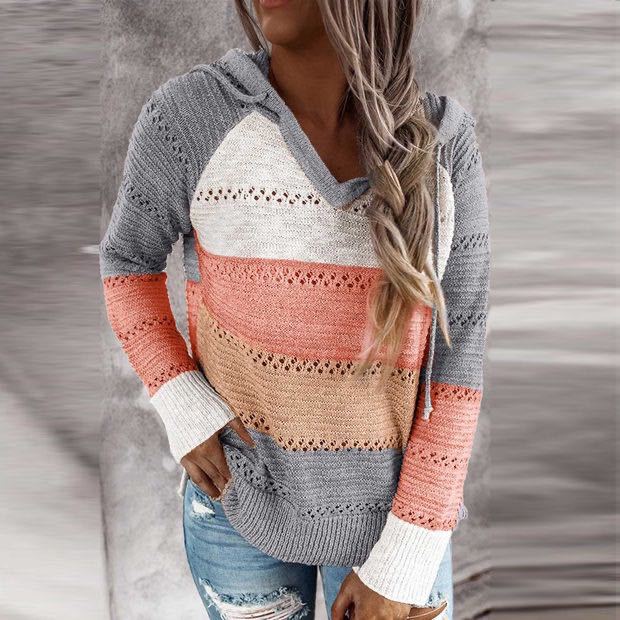 Women Loose Knit Hoodie with Eyelet Pattern and Kangaroo Pocket Mune Fashion