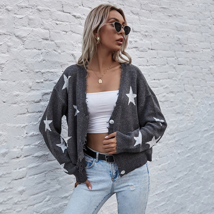 Women's Short Cut V-Neck Knit Cardigan with Star Jacquard and Fringe Trim Mune Fashion