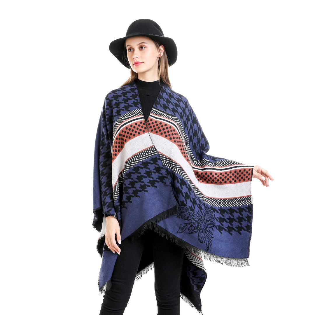 Women's Oversize Ruana with Houndstooth Jacquard and Fringe Hem Mune Fashion