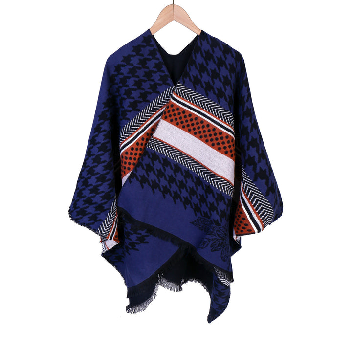Women's Oversize Ruana with Houndstooth Jacquard and Fringe Hem Mune Fashion