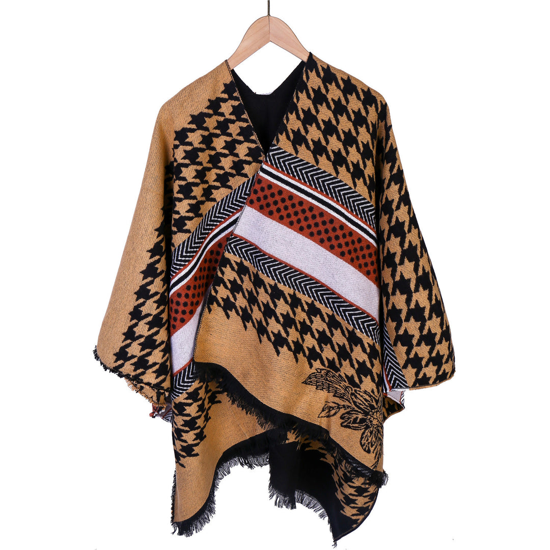 Women's Oversize Ruana with Houndstooth Jacquard and Fringe Hem Mune Fashion