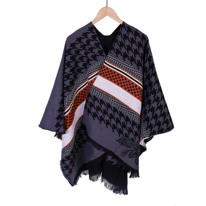 Women's Oversize Ruana with Houndstooth Jacquard and Fringe Hem Mune Fashion