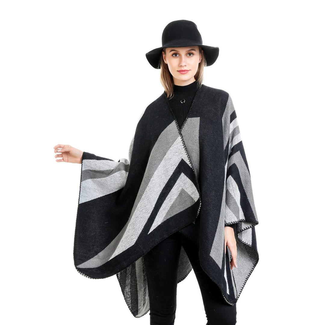Women's Oversize Ruana with graphic block pattern and decorative overlock seam Mune Fashion