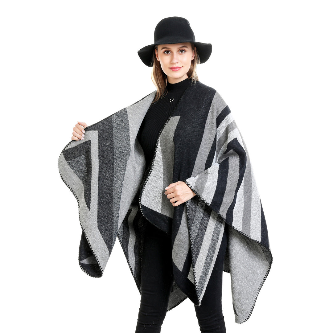 Women's Oversize Ruana with graphic block pattern and decorative overlock seam Mune Fashion