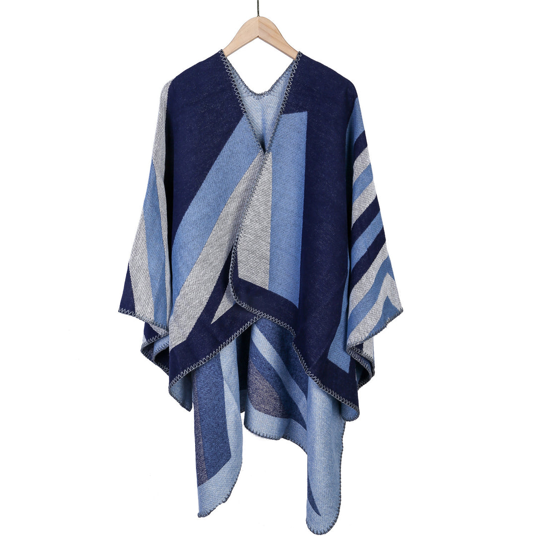 Women's Oversize Ruana with graphic block pattern and decorative overlock seam Mune Fashion