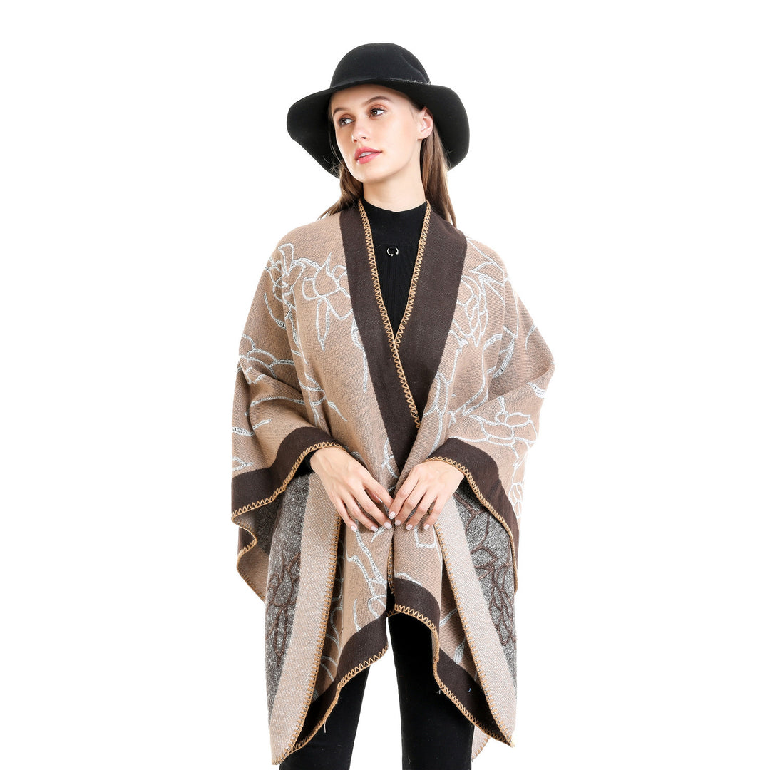 Women Oversize Knit Ruana with Floral Contrast Embroidery Mune Fashion
