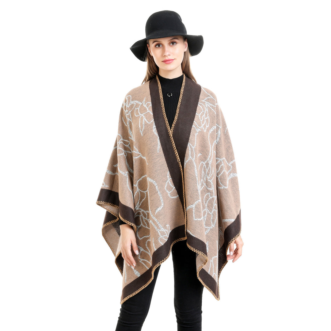 Women Oversize Knit Ruana with Floral Contrast Embroidery Mune Fashion