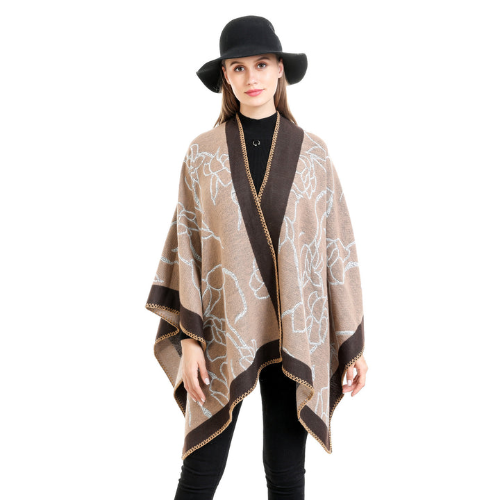 Women Oversize Knit Ruana with Floral Contrast Embroidery Mune Fashion