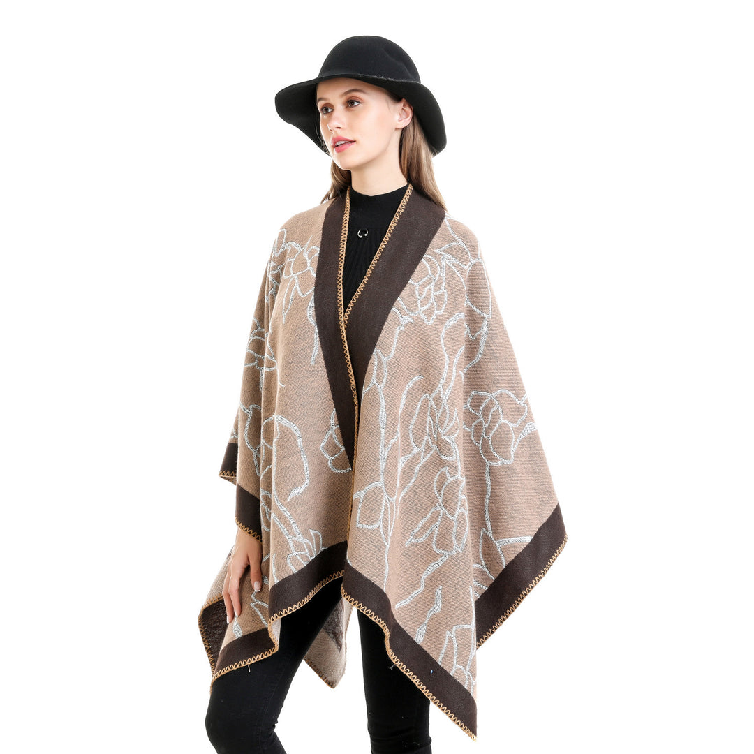 Women Oversize Knit Ruana with Floral Contrast Embroidery Mune Fashion