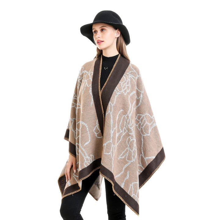Women Oversize Knit Ruana with Floral Contrast Embroidery Mune Fashion