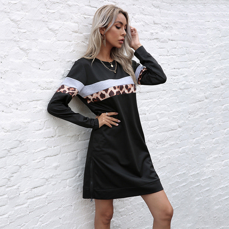 Women casual sweatshirt dress with leopard stripes and contrasting chest band Mune Fashion