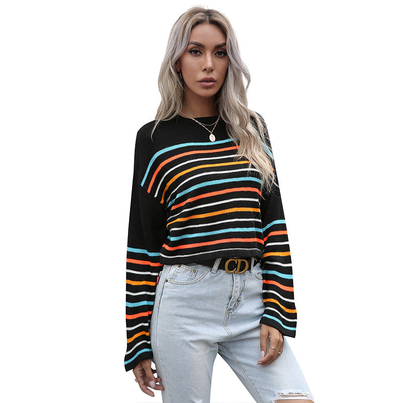 Ladies Cropped Fine Knit Sweater with Colorful Block Stripes Mune Fashion