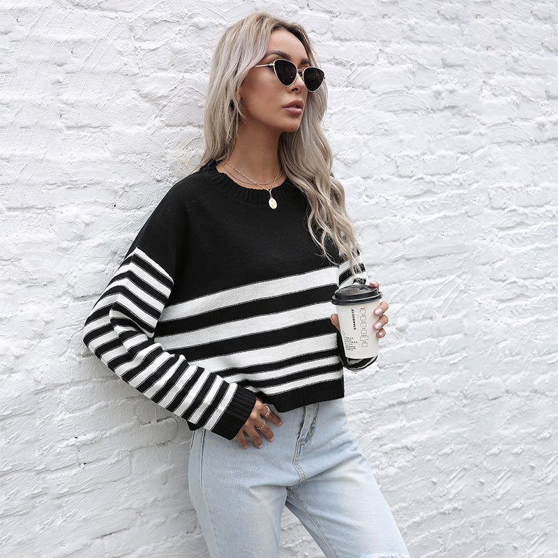 Women Oversize Fine Knit Sweater with Block and Stripes Mune Fashion