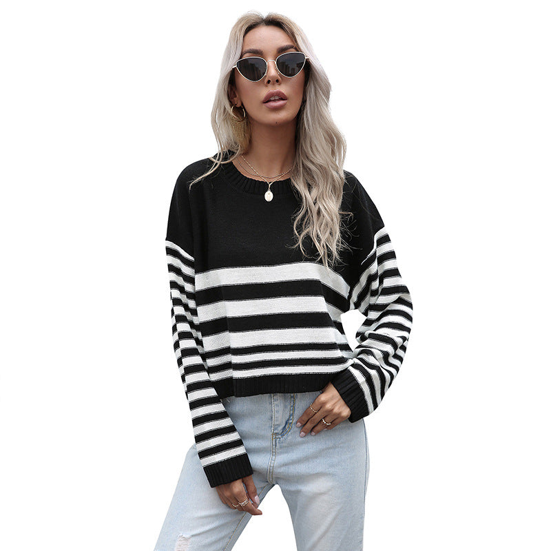 Women Oversize Fine Knit Sweater with Block and Stripes Mune Fashion