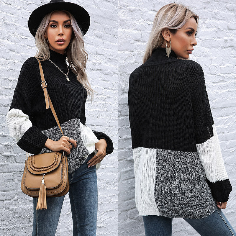 Ladies Oversized Fine Knit Sweater in Block Patch Design with Stand-up Collar Mune Fashion