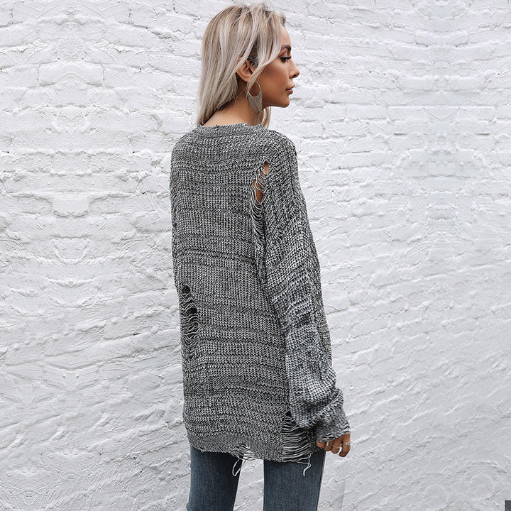 Women's oversized knit sweater with chunky textured knit, asymmetrical hem and used look Mune Fashion