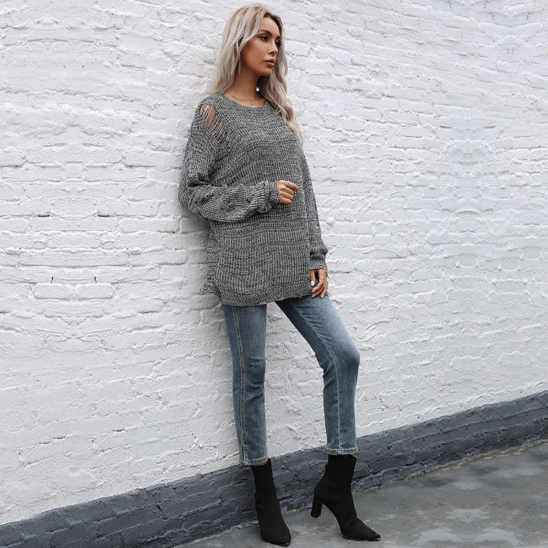Women's oversized knit sweater with chunky textured knit, asymmetrical hem and used look Mune Fashion