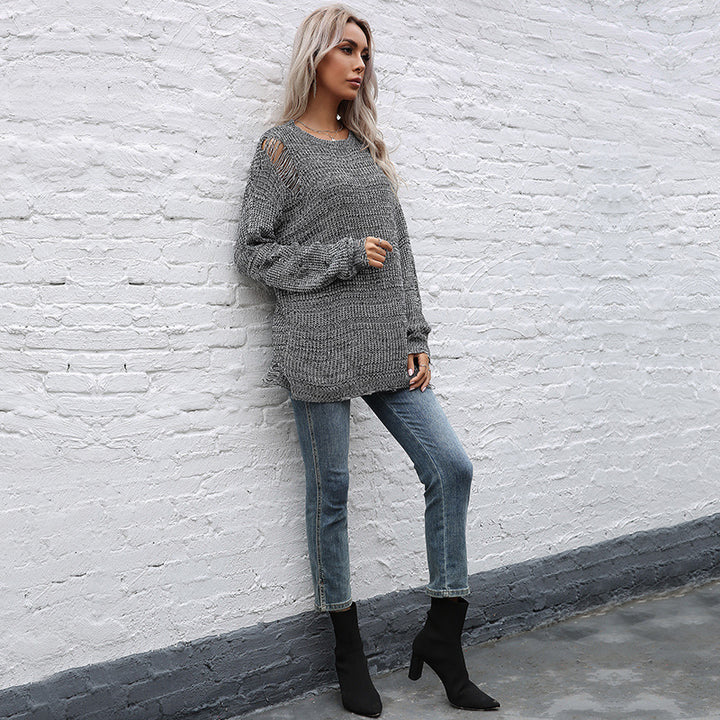 Women's oversized knit sweater with chunky textured knit, asymmetrical hem and used look Mune Fashion