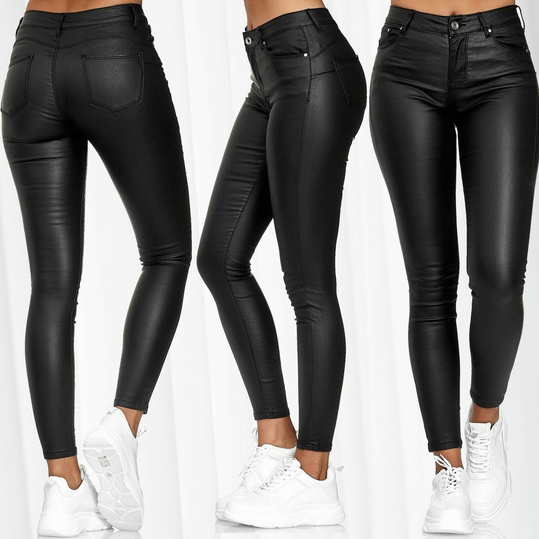 Women's high-waist vegan leather leggings with high elasticity and five-pocket look Mune Fashion