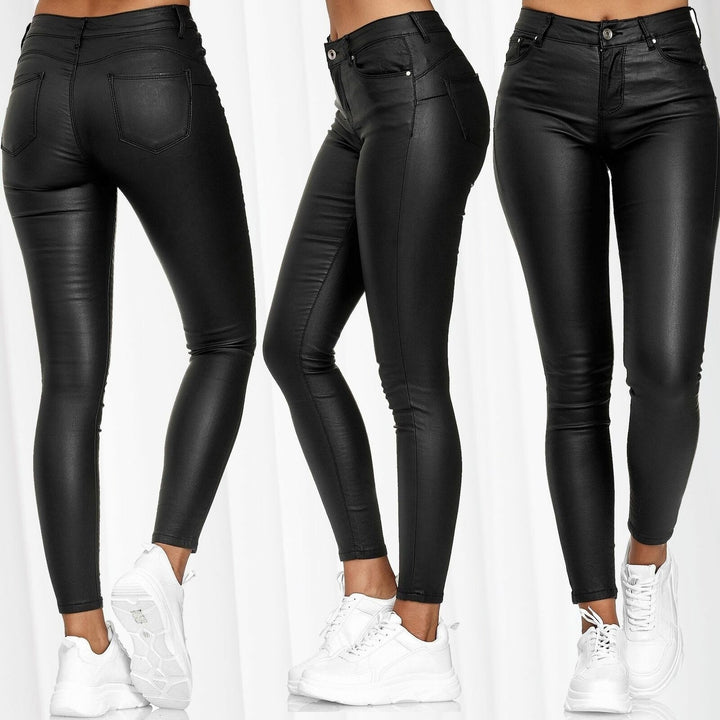 Women's high-waist vegan leather leggings with high elasticity and five-pocket look Mune Fashion