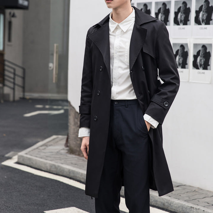Men's elegant fitted trench coat with double button placket and tie belt Mune Fashion