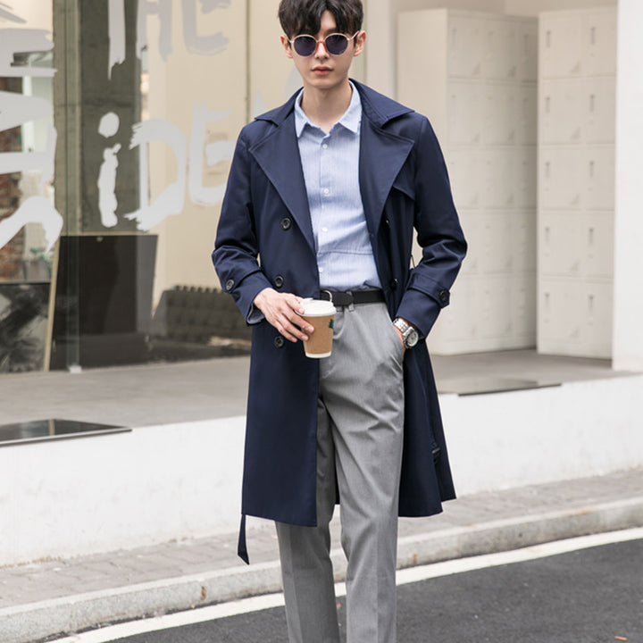 Men's elegant fitted trench coat with double button placket and tie belt Mune Fashion