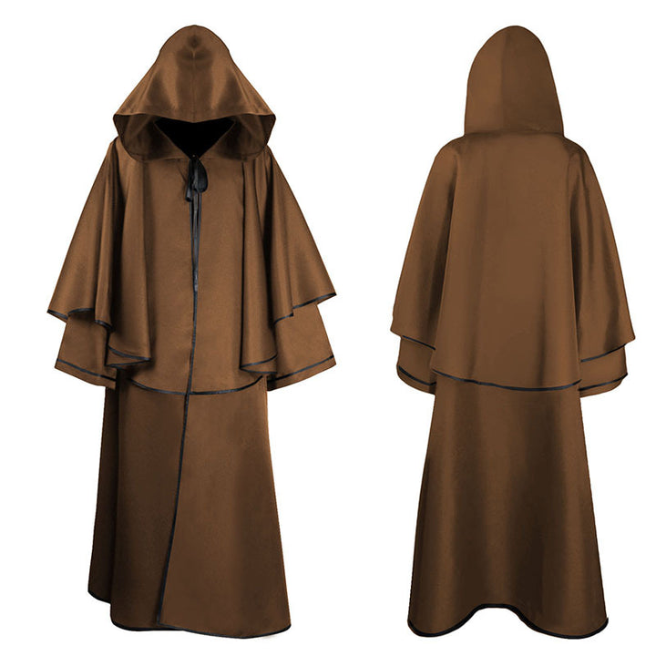 Unisex multi-layered hooded cloak with wide drape and satin ribbon closure Mune Fashion