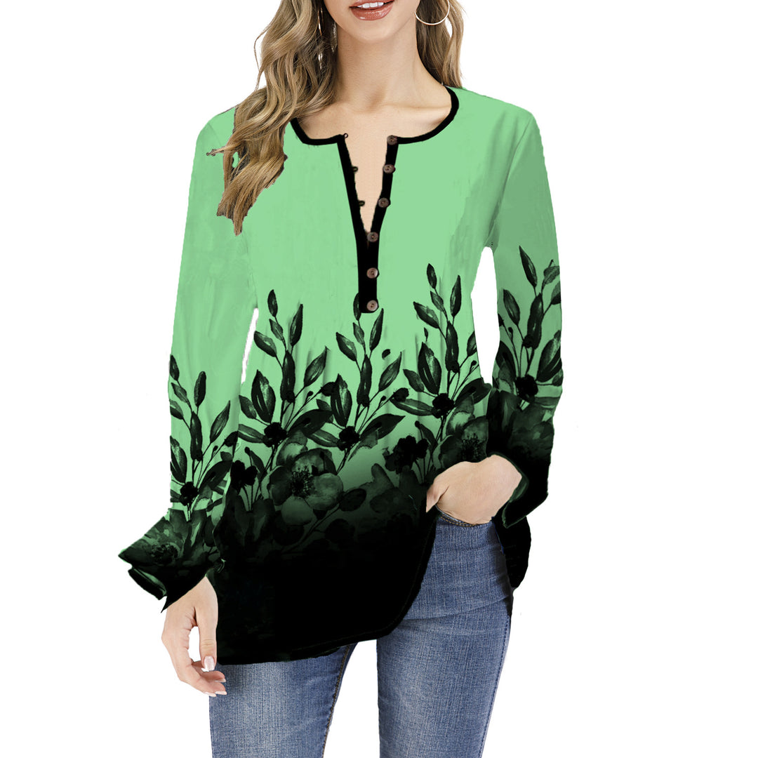 Women's Loose Long Sleeve Tunic Shirt with Henley Button Placket and Floral Ombre Print Mune Fashion
