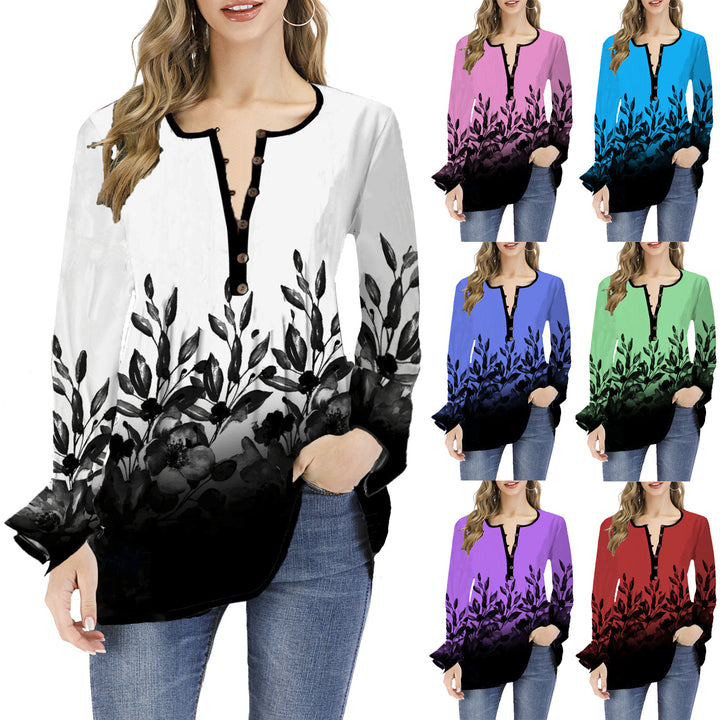Women's Loose Long Sleeve Tunic Shirt with Henley Button Placket and Floral Ombre Print Mune Fashion