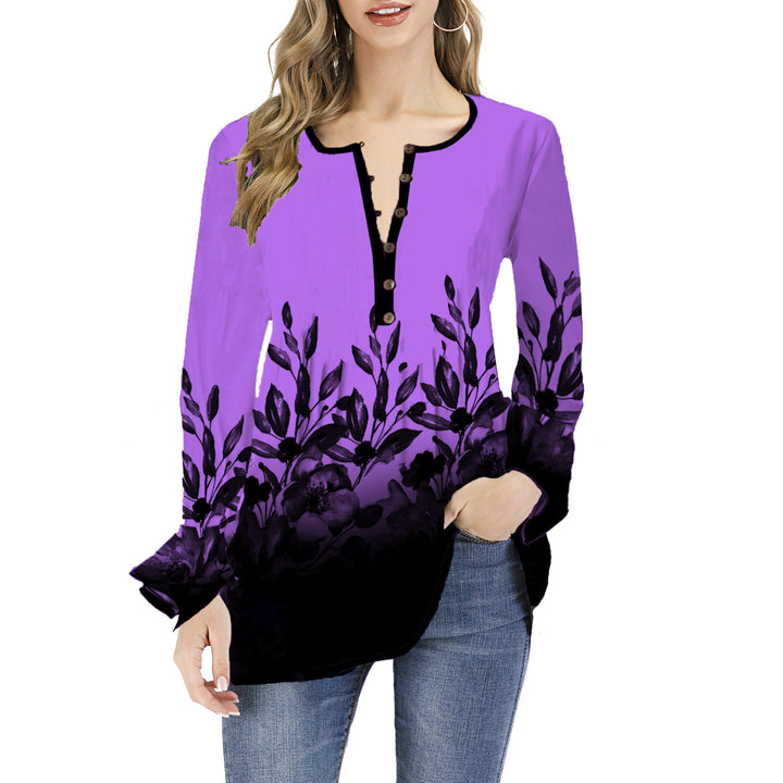 Women's Loose Long Sleeve Tunic Shirt with Henley Button Placket and Floral Ombre Print Mune Fashion